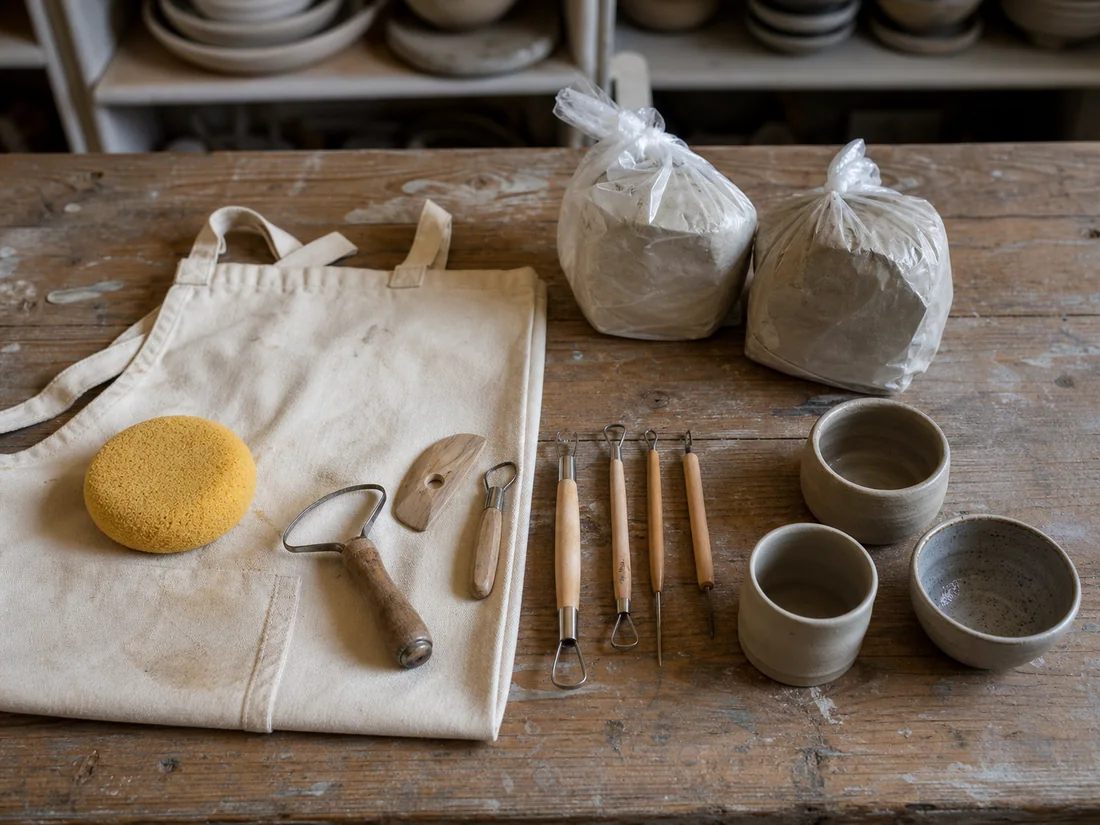 Pottery tools, apron and small handmade test pots