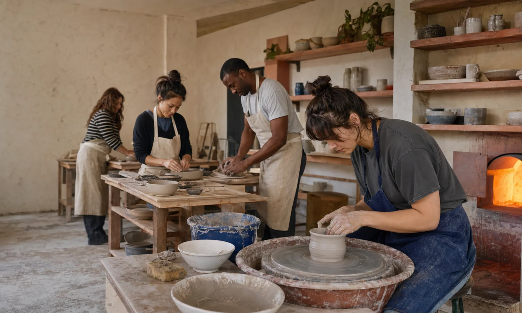 Adult learners shaping clay together in a warm London pottery studio